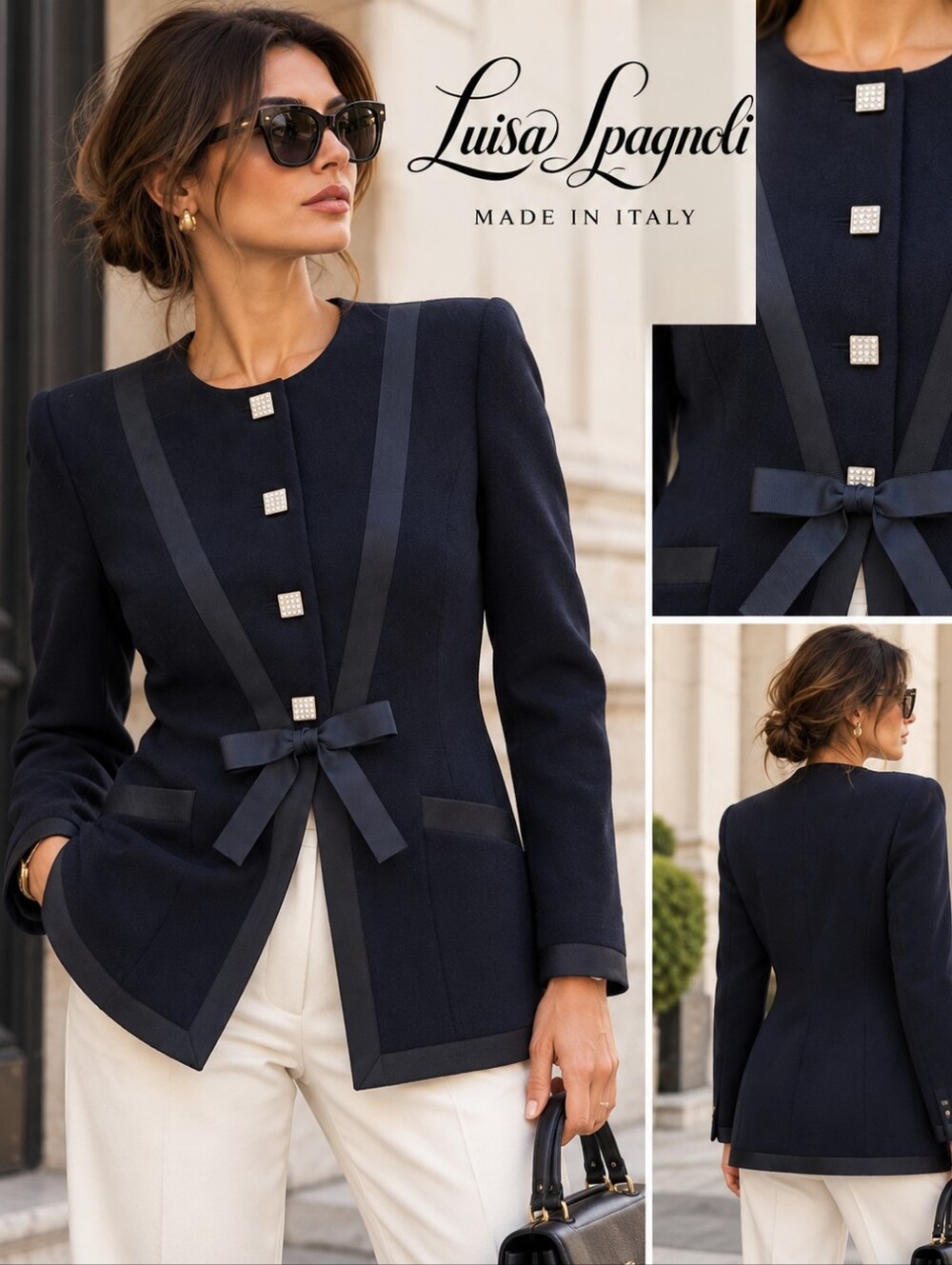 Luisa Spagnoli Vintage Navy Crystal Button Bow Blazer Jacket Italy 44